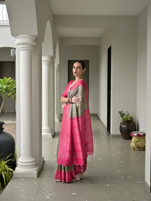 Pista Green Tussar Silk Ikkat Saree