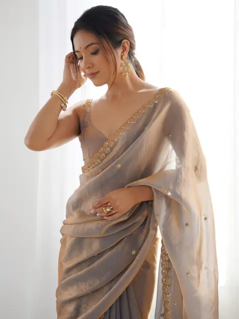 Grey Satin Saree with Sequin Work
