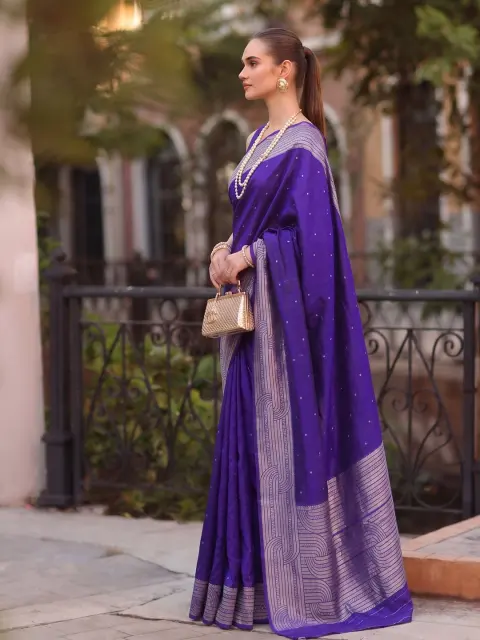 Violet Cotton Blend Saree with Silver Border