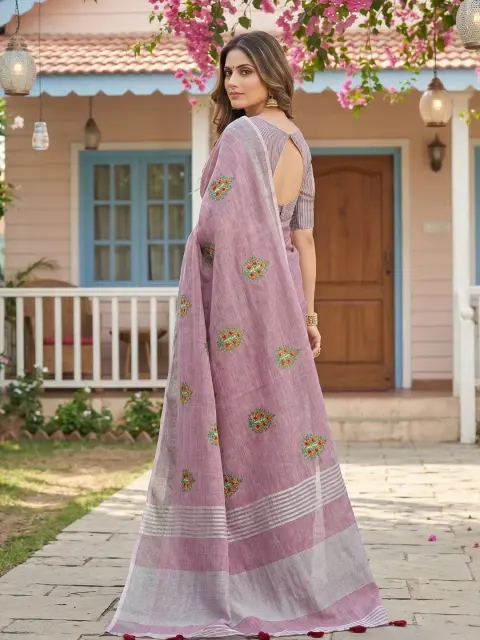 Light Purple Linen Saree with Embroidery