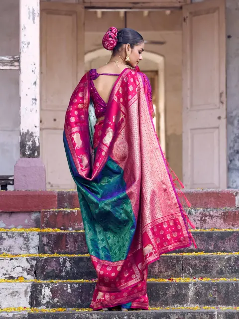 Teal Silk Saree with Pink Paithani Border