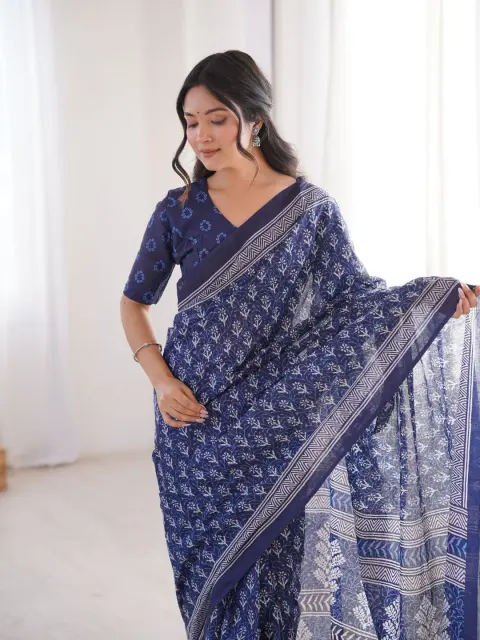 Indigo Bagru Hand-Block Cotton Saree