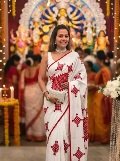 Ivory Red Geometric Saree