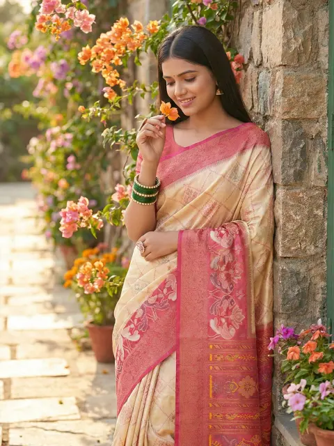 Cream Pochampalli Silk Saree