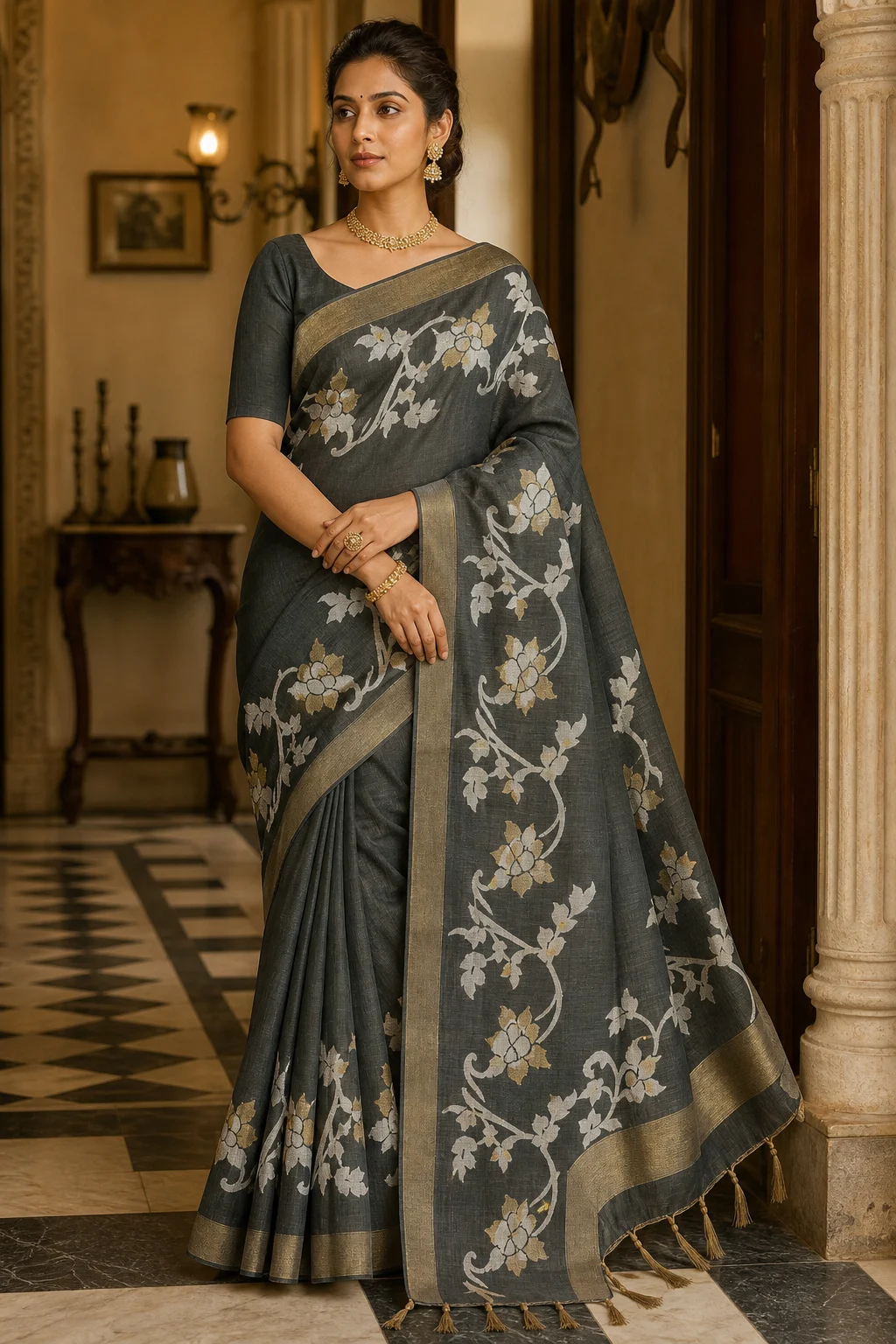 Charcoal Goldvine Cotton Tantuj Saree