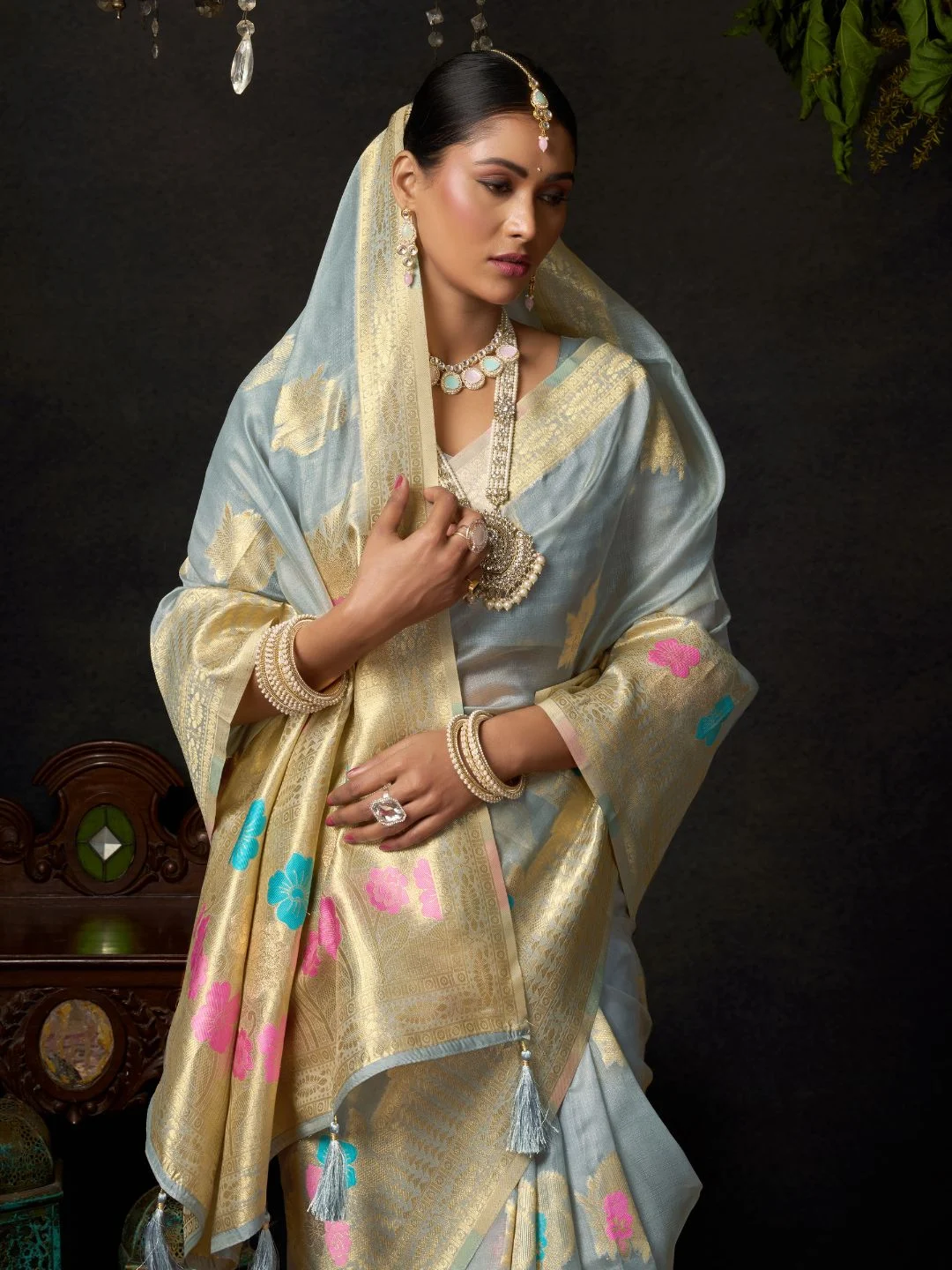Powder Blue Organza Khadi Saree