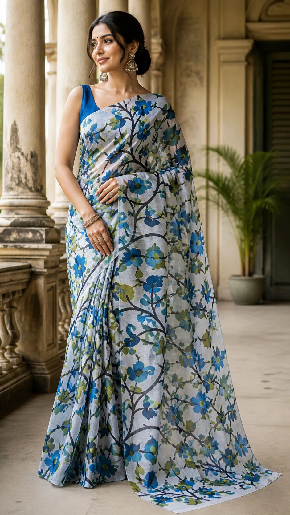 Azure Bloom Cotton Tantuj Saree