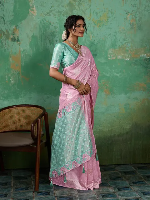 Pink Linen Cotton Saree with Mint Pallu