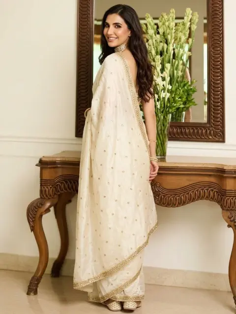 Cream Georgette Saree with Sequin Butti