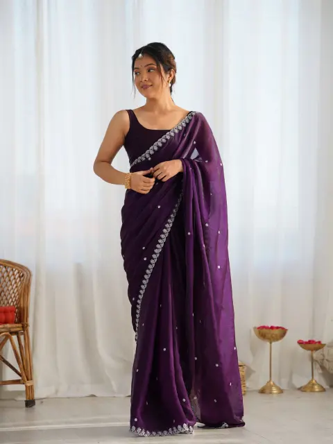 Purple Satin Saree with Sequin Butti