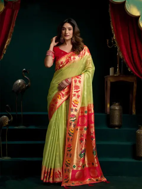 Lime Green Tissue Paithani Saree