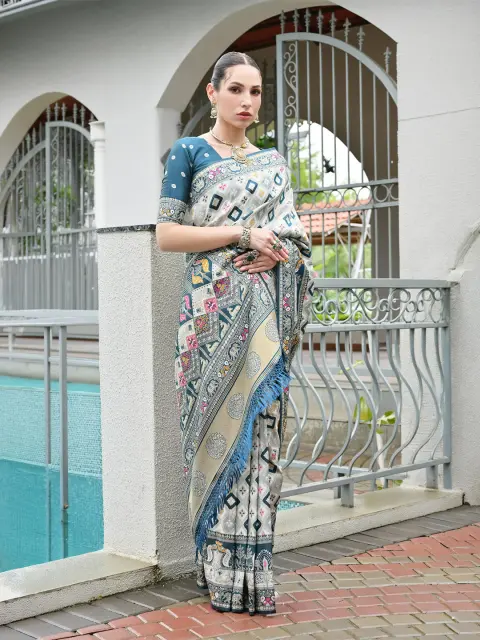 Grey Patola Print Silk Saree