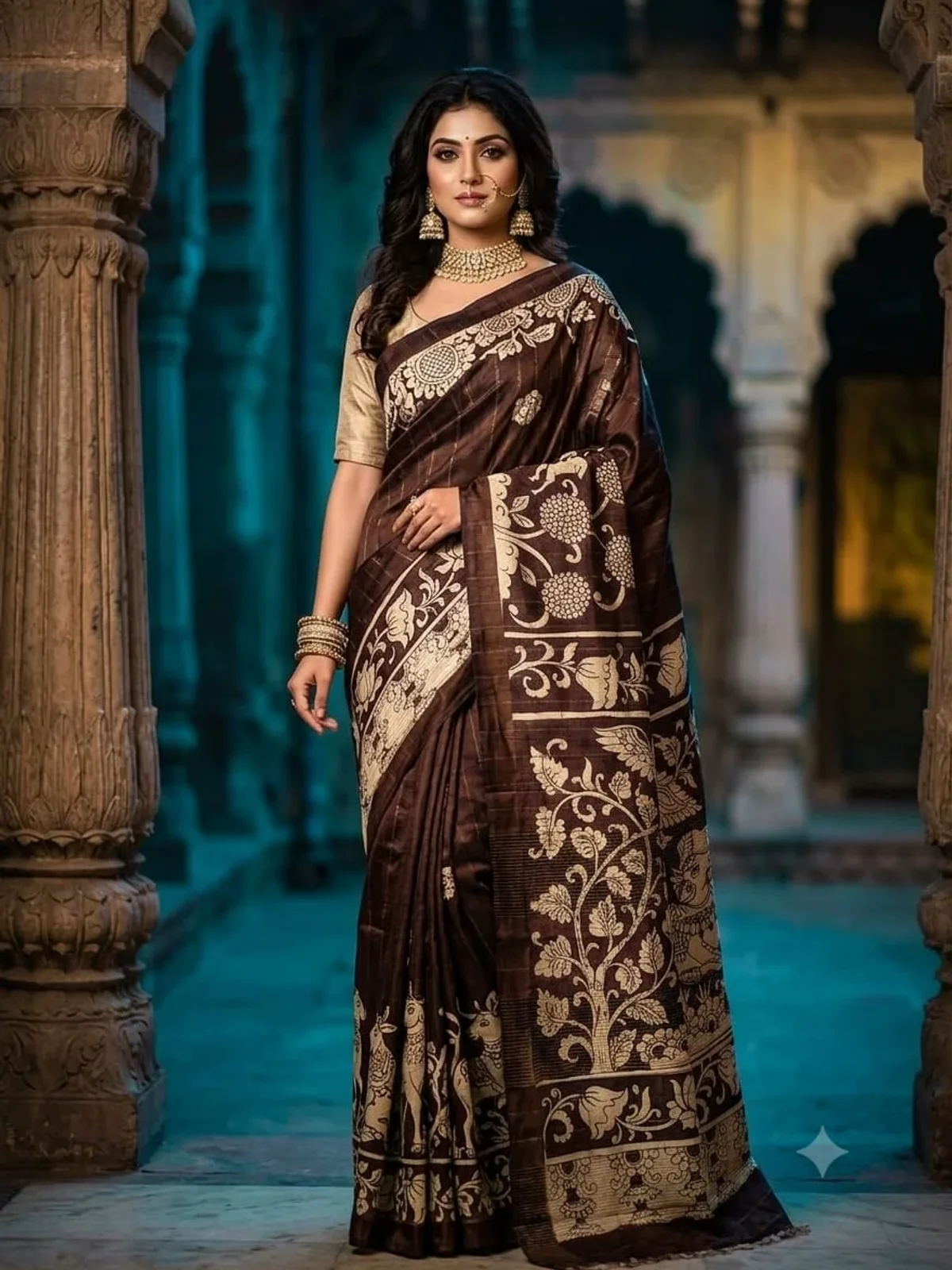 Chocolate Ivory Botanical Saree