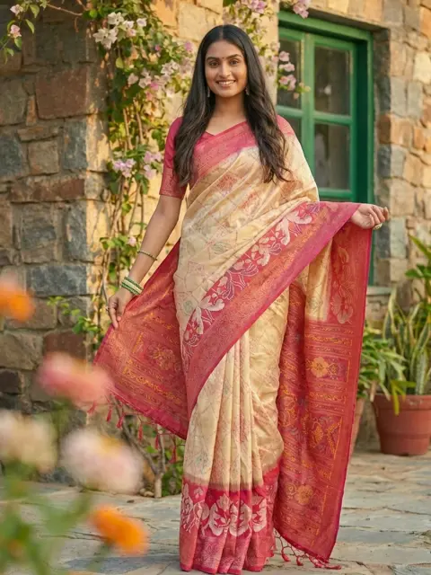 Cream Pochampalli Silk Saree