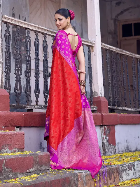 Red Soft Silk Saree with Magenta Paithani Border
