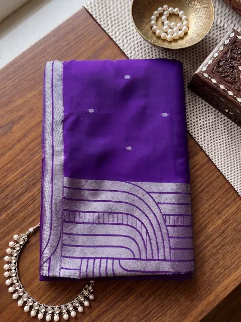 Violet Cotton Blend Saree with Silver Border