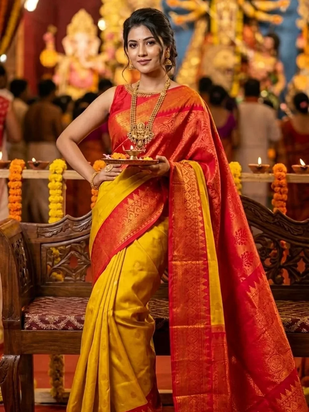 Mustard Red Draped Saree