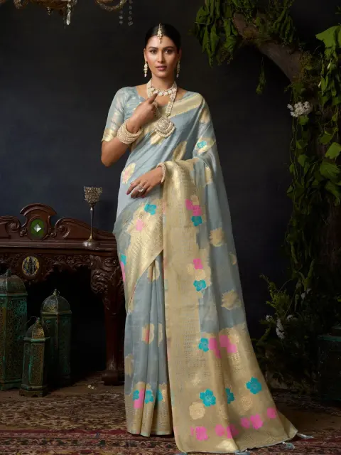 Powder Blue Organza Khadi Saree