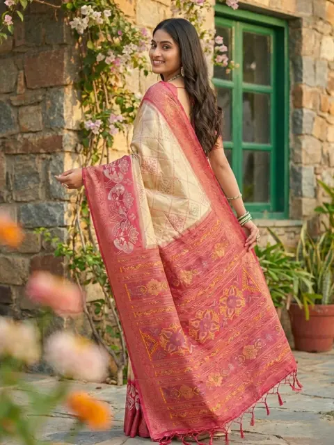 Cream Pochampalli Silk Saree