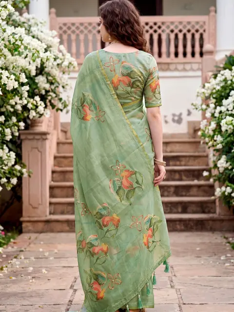 Sage Green Cotton Print Saree