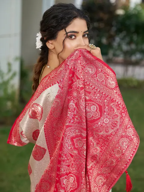 Cream Silk Blend Saree with Red Motifs