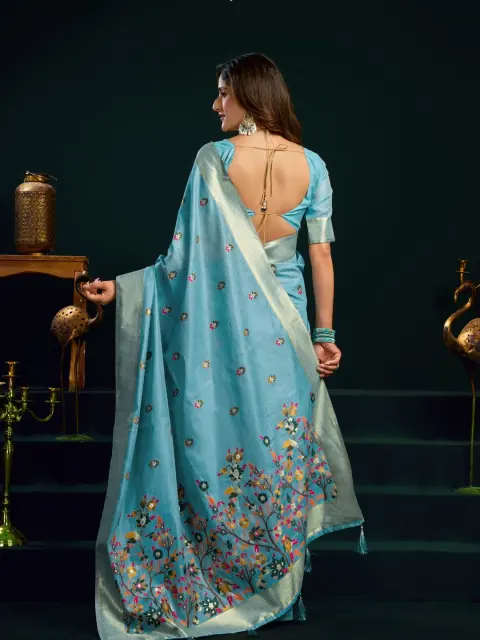 Sky Blue Munga Cotton Saree with Mina Work
