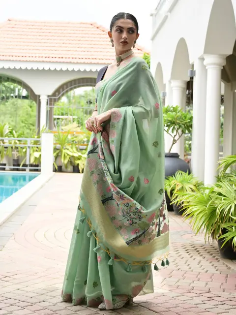 Sea Green Muga Cotton Saree