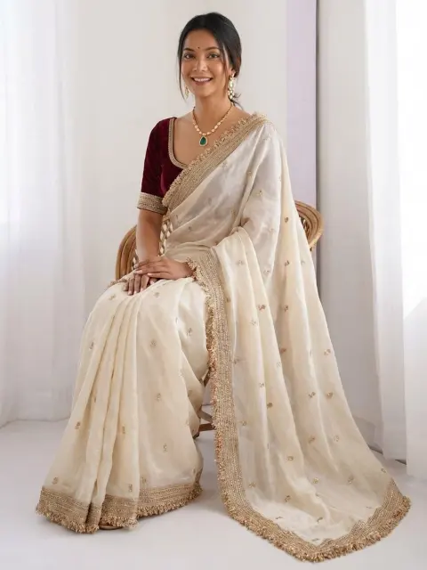 Ivory Satin Saree with Zari Embroidery