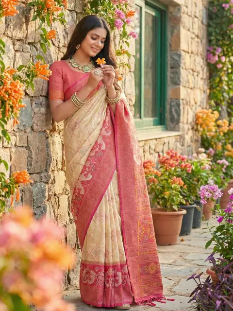Cream Pochampalli Silk Saree