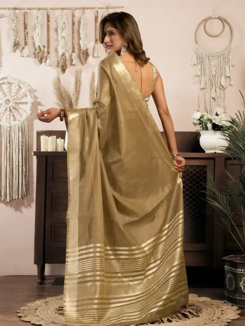 Khaki Khadi Cotton Saree with Zari Border