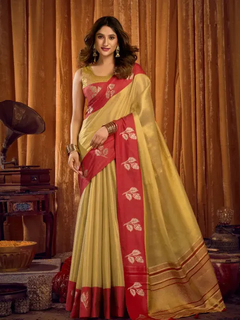 Light Gold Tissue Saree with Red Border