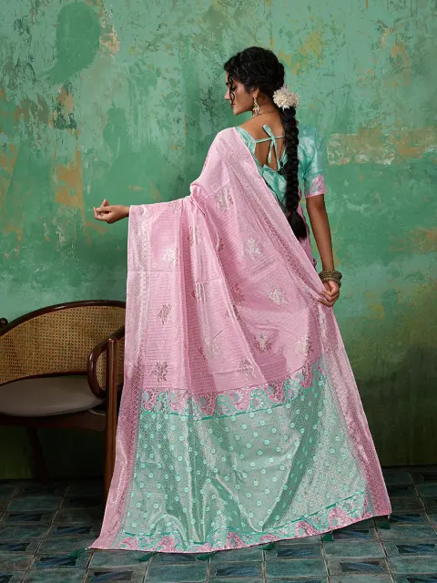 Pink Linen Cotton Saree with Mint Pallu