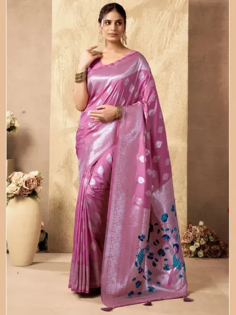 Pink Banarasi Silk Saree with Peacock Pallu