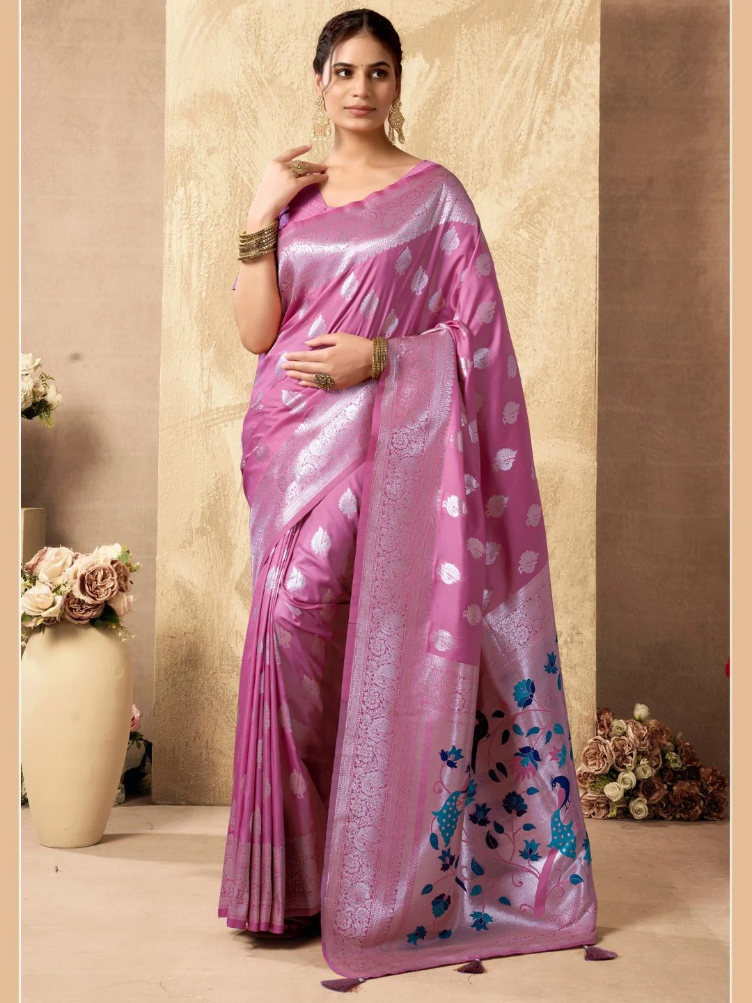 Pink Banarasi Silk Saree with Peacock Pallu