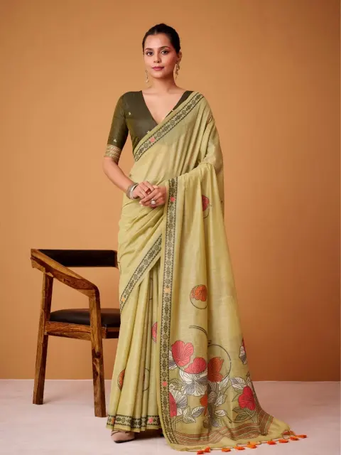 Olive Green Jamdani Cotton Saree