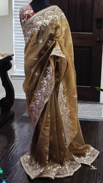 Tissue Silk Saree with Zari Border and Contrast Blouse