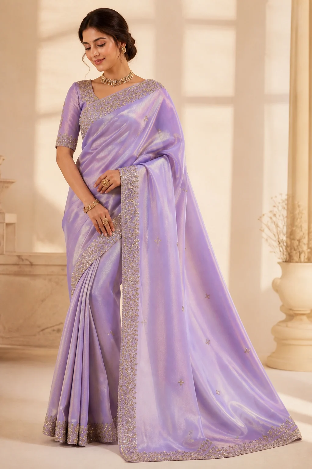 Tissue Kanchipuram Silk Saree with Cutdana Border