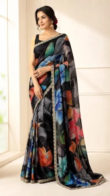 Beautiful Crepe Chiffon Saree with Shimmer Handworked Border