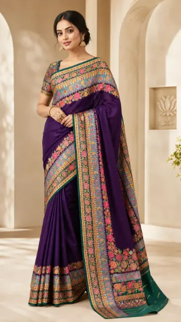 Plum Kani Silk Saree with Ajrakh-Inspired Border