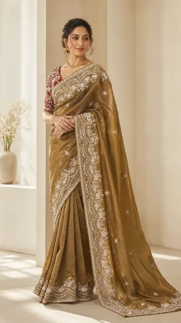 Tissue Silk Saree with Zari Border and Contrast Blouse