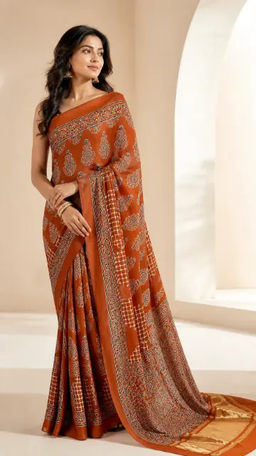 Rust Modal Silk Saree with Block-Print Motifs