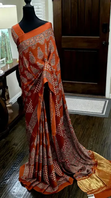 Rust Modal Silk Saree with Block-Print Motifs