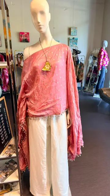 Coral draped asymmetric tunic top — original product view