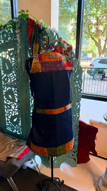 Indigo patchwork denim artist apron — original product view 2