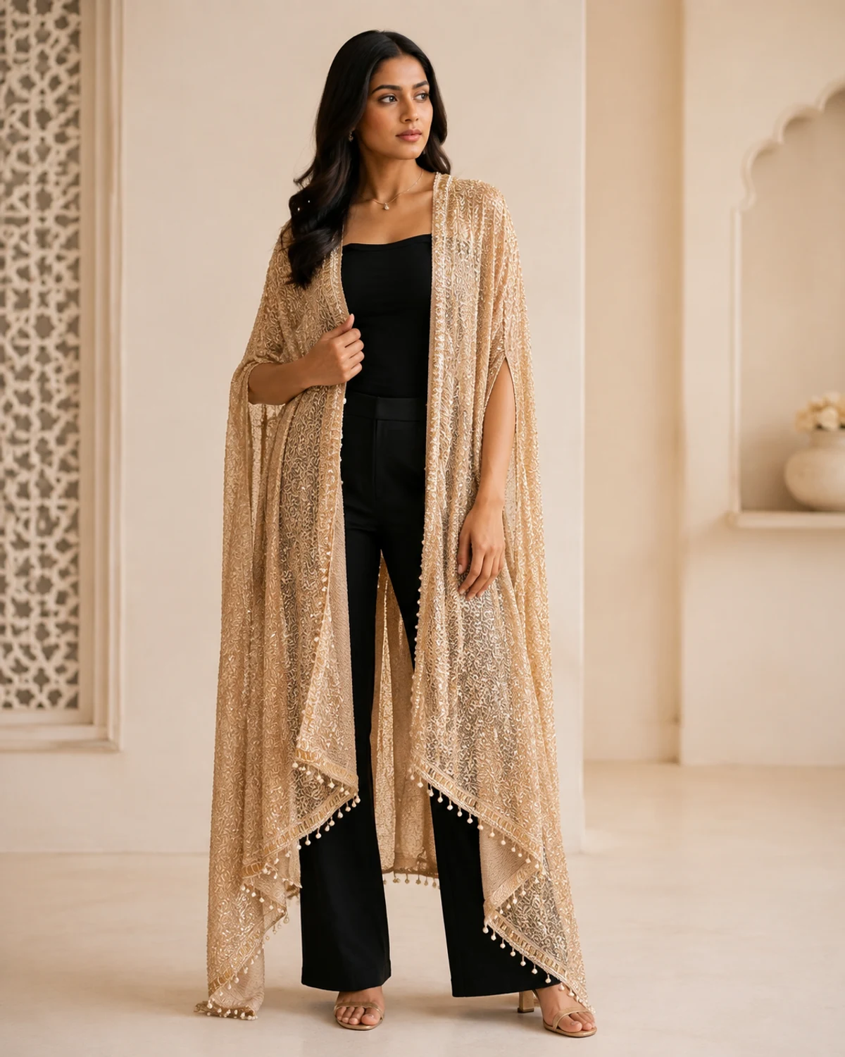 Adult Indian woman wearing champagne gold beaded open-front cape