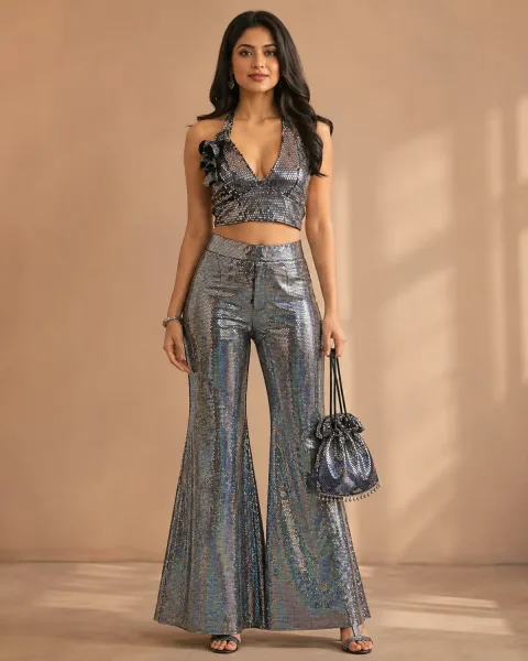 Black Silver Sequin Halter Co-Ord Set