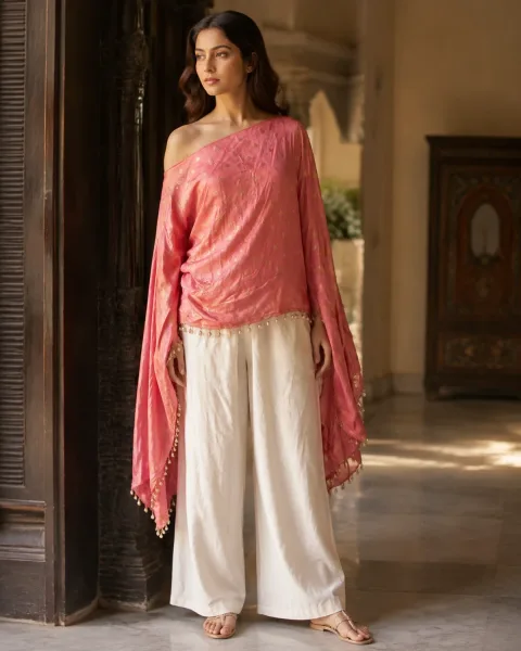Coral Draped Asymmetric Tunic Top
