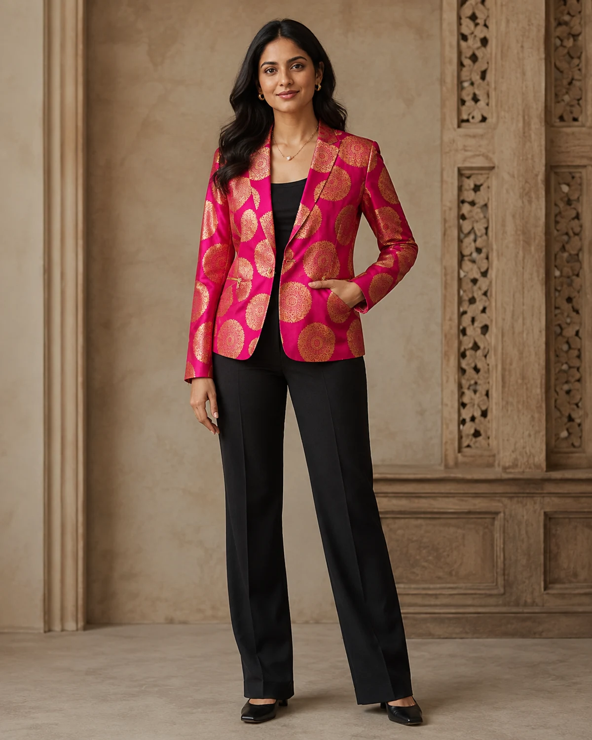 Adult Indian woman wearing fuchsia gold brocade tailored jacket