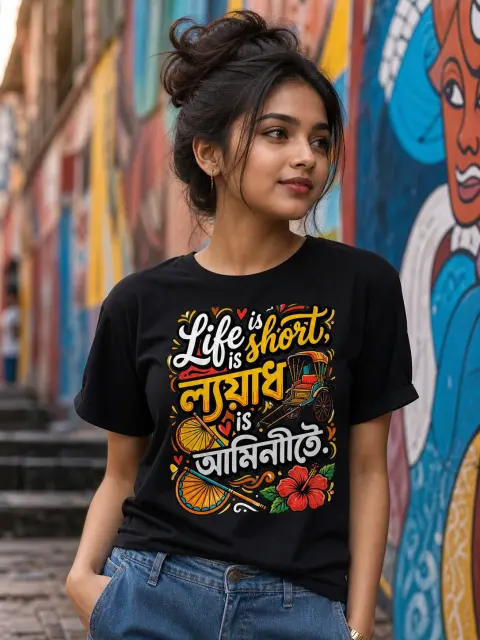 Life Is Short, Lyadh Is a Minute Vibe Shirt — Bengali woman editorial photograph