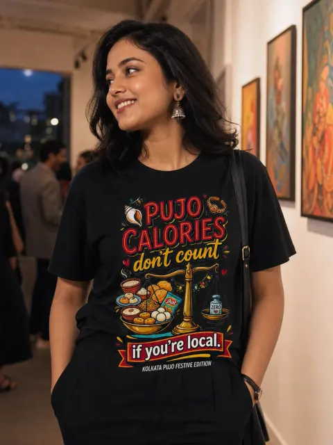 Pujo Calories Don’t Count If You’re Local Vibe Shirt — Bengali woman editorial photograph